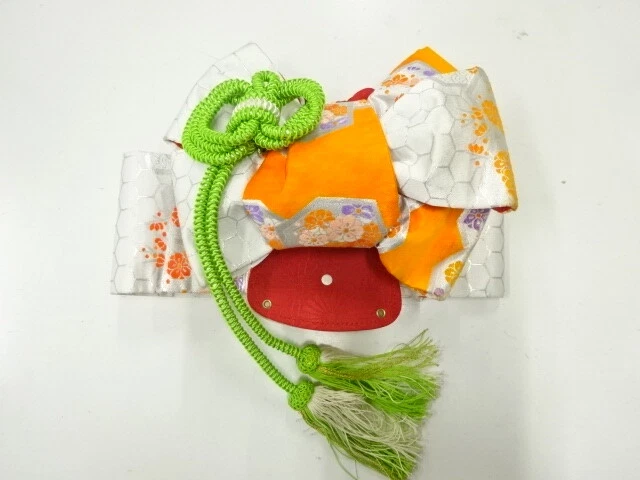 37800# Japanese Kimono / Ribbon Tsukuri Obi For Girls / Woven Flower & Kikko