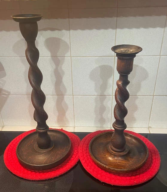 (2) Antique English Oak Barley Twist Candlesticks w brass 12.5” & 10.5”