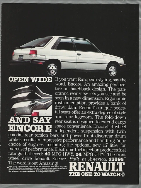 1985 RENAULT ENCORE advertisement, AMC, Renault hatchback sports car