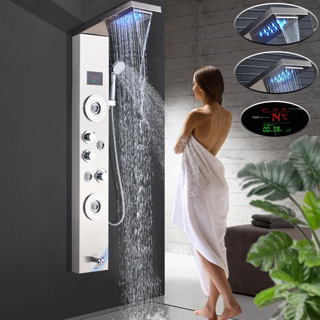 LED Panel de Ducha Acero Inoxidable Lluvia y Cascada Chorro de Masaje de Níquel