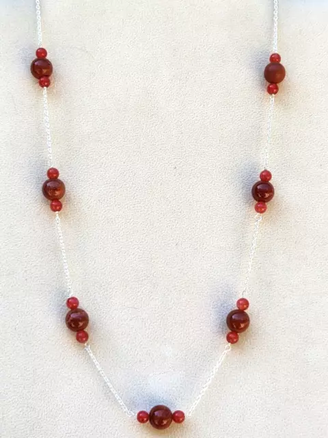 Red Agate / Jasper Beaded Station Necklace in Sterling Silver 35.30 ctw 18 Inch