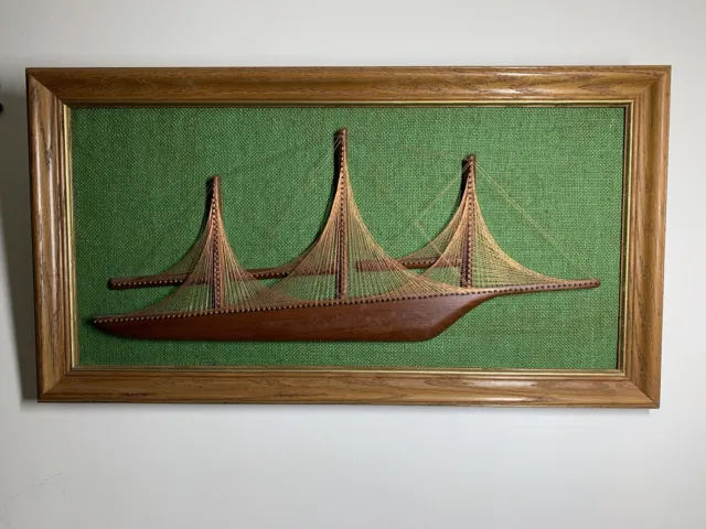 Vintage MCM Copper Wire String Art Teak Wood Sail Boat Ship Nautical 70s 30x16x1