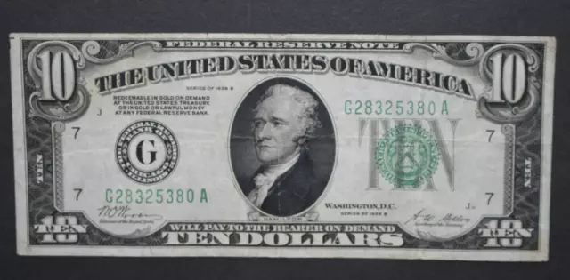 1928 B $10 Federal Reserve Note, Chicago/avg. circ./lime green/error/FREE SHIP