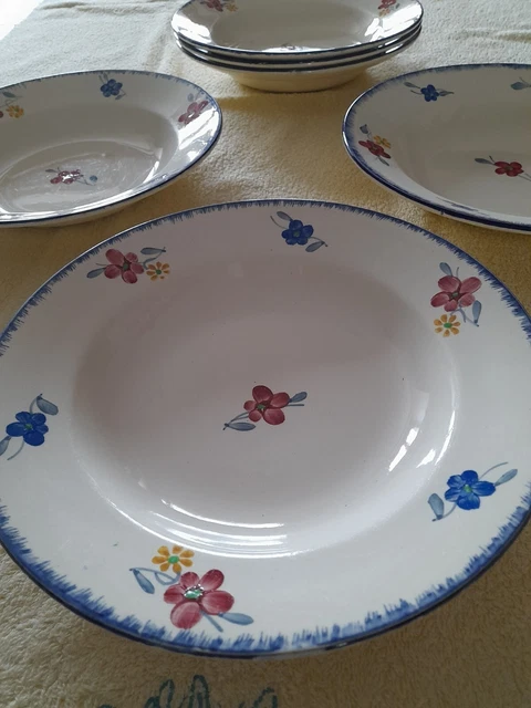 Lot De 6 Assiettes Creuses Décor Fleurs Rouges - Céramique - Occasion TBE