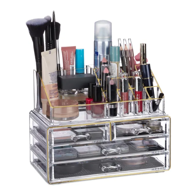 1 x Make Up Organizer Schminkaufbewahrung 2-tlg. Kosmetik Box transparent-gold