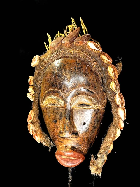 Antique African Dan Tribe Wood Mask Liberia Cowrie Shells Large Authentic-6619
