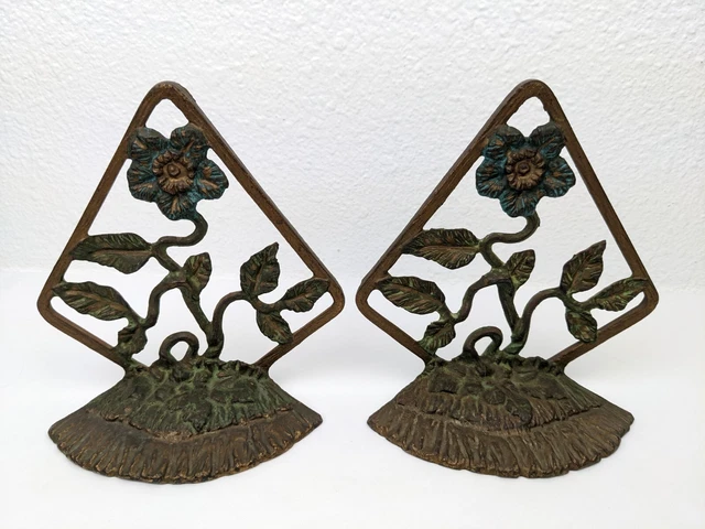 Rare Vtg Pair Cast Iron Art Deco Flower Sculptural Bookends Floral Painted 6.5"