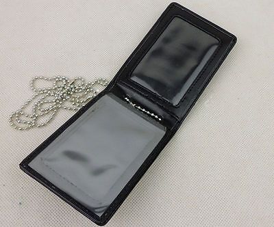 Black Leather Badge ID Card Wallet Holder Case With Neck Chain -BK