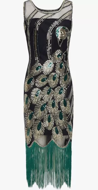 Women Dress SZ XL Green Peacock V Neck Beads Fringed 1920 Great Gatsby Party NWT