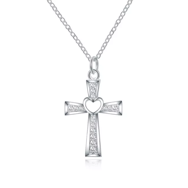925 Sterling Silver Heart & Cross Charm Necklace