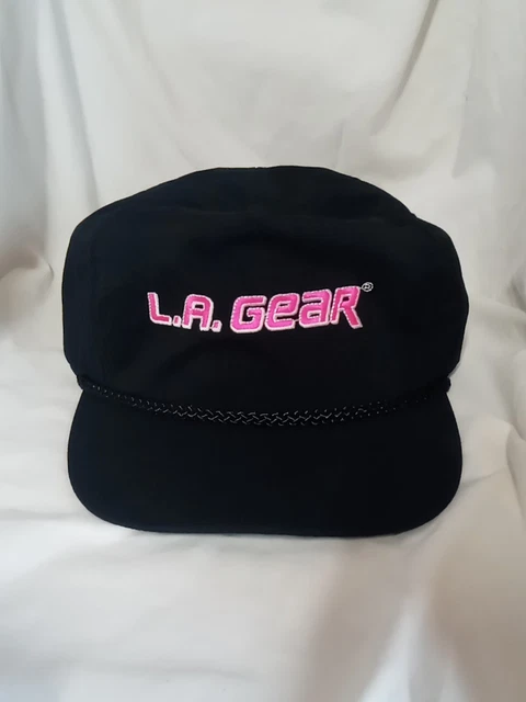 Vintage LA Gear Black Hat Braided Rope Across Visor Embroidered Hook And Loop