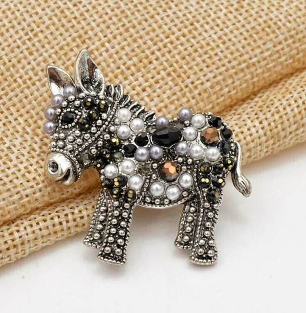 Antique Silver Plated Vintage Inspired Rhinestone Crystal Pearl Donkey Brooch