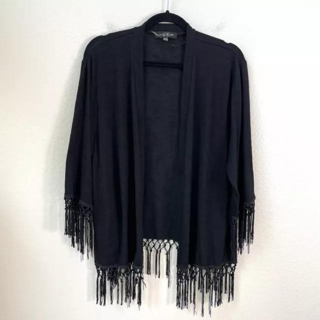 August Silk Womens XL Black Open Knit Cardigan Fringe Hem Long Sleeve