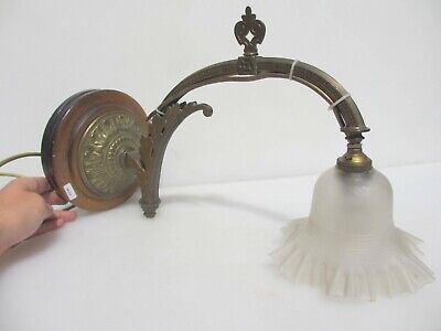 Large Victorian Brass Gas Wall Light Sconce Lamp Antique Old Glass Shade Vintage
