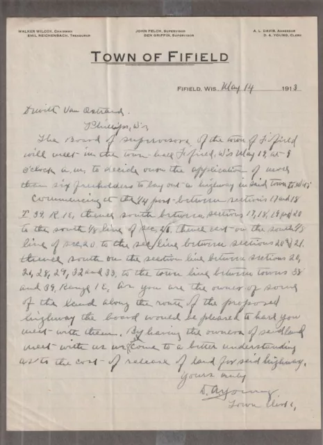 1913 Town of FIFIELD, WI. Used LETTERHEAD/Letter ~ Proposed HIGHWAY 13 Creation