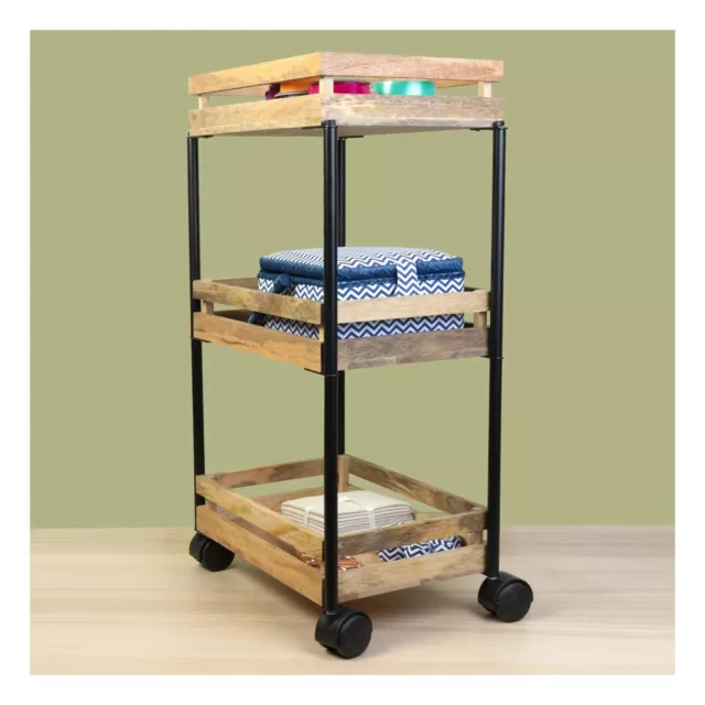 Rolling Storage Trolley Three Tier Wooden Stylish Craft Accessories Quality