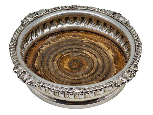 ANTIQUE Silver Plate Wine Bottle Coaster with Wood Base