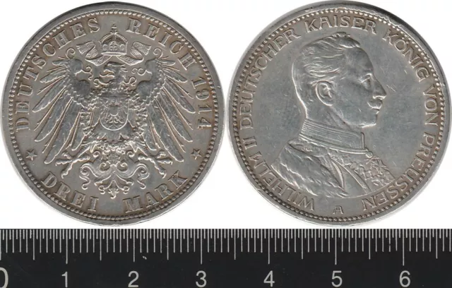 Germany - Prussia: 1914 Drei Mark Wilhelm II silver 3 Mark Deutsches Reich