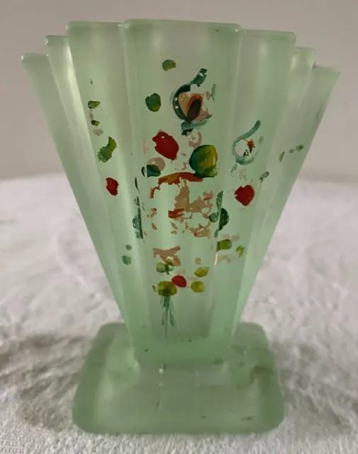 Vintage Art Deco Bagley Green Frosted Glass Grantham Vase 1930s