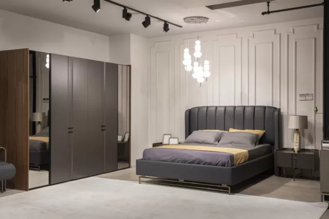 Chambre à Coucher Set Lit 2x Table de Chevet Penderie Coiffeuse avec Miroir