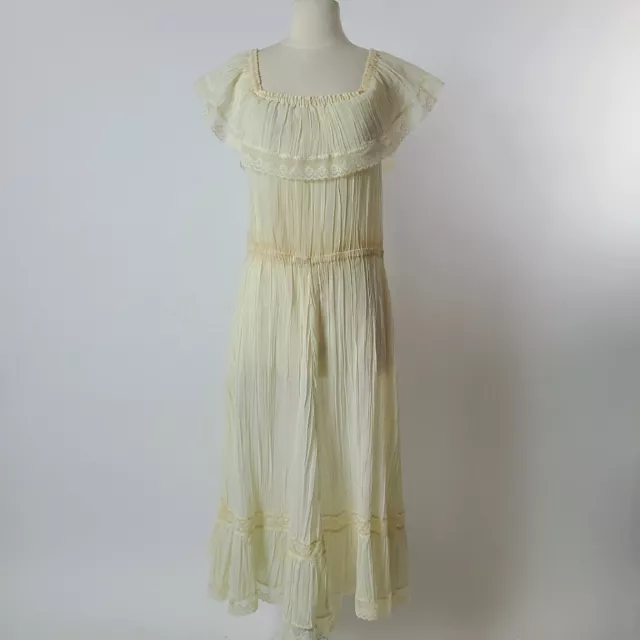 Vtg 60s 70s M/L floral eyelet lace dress Prairie PEASANT off shoulder Maxi Dress