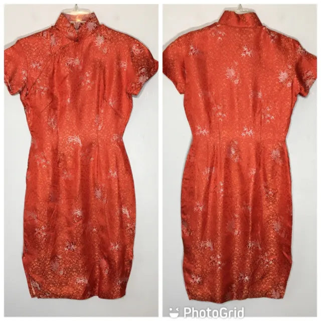 Vintage 60s Red Brocade Asian Chinese Cheongsam Dress Qipao Traditional