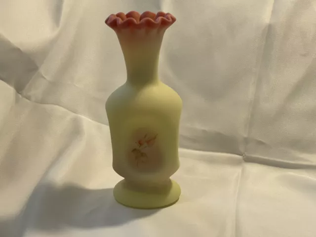 Fenton Burmese Ruffled Vase Pink Yellow Satin Signed Hand Painted Roses 7" .