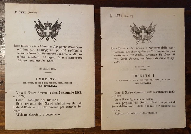 15081-Due R. Decreti, Umberto, Danneggiati Politici Siciliani E Napoletani, 1885