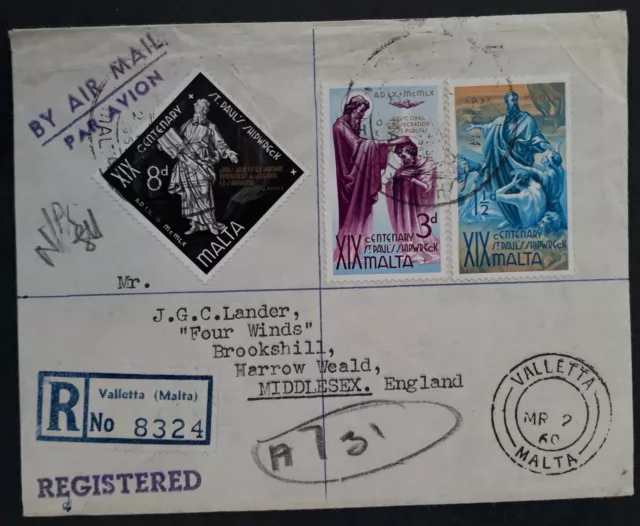 1960 Malta Registd Cover Airmail Cover ties 3 stamps canc Valletta to UK