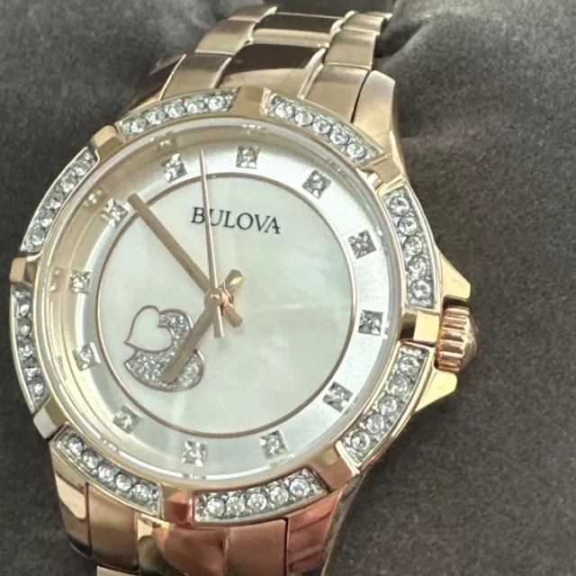 Bulova Womens Crystal Accent Rose Goldtone Stainless Steel Bracelet Watch 98l303