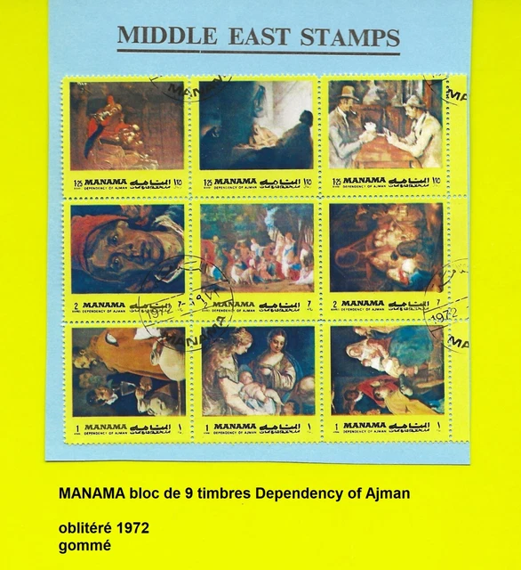 bloc-feuillet de MANAMA oblitérés, gommés 9 timbres Dependency of Ajman