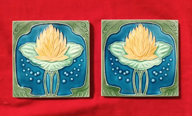 2 Piece Art Deco Flower Design Embossed Majolica Used Ceramic Tiles Japan 0313 2