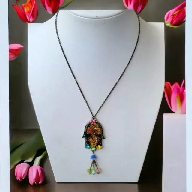 Michal Negrin Victorian Revival Hamsa Necklace Flower Fringe Swarovski Crystal