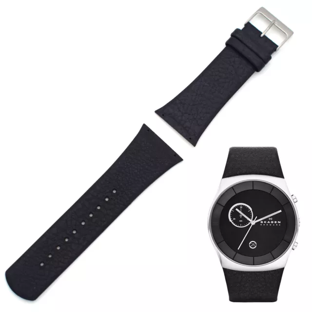 Screw Fit, Genuine Leather Replacement Black Watch Band Strap for Skagen Watches