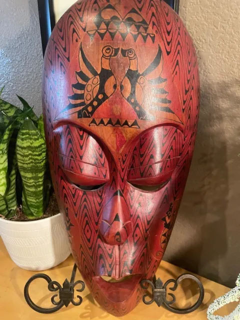 Wood Mask - African Style Hand Carved/Hand Painted With Bird