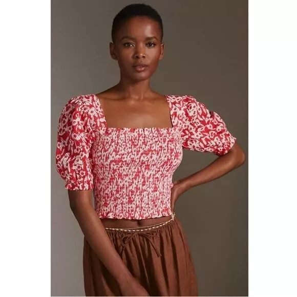 By ANTHROPOLOGIE Size SMALL Red Floral SMOCKED EYELET TOP Square Neck Women’s