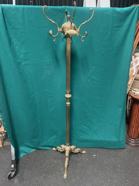 Mid-Century Brass Italian Coat Hat Rack Hall Tree Stand Lions Heads Claw Foot