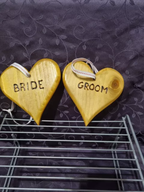 Solid Wood Bride And Groom Hanging Hearts. Ideal Wedding Gift / Keepsake.  New.