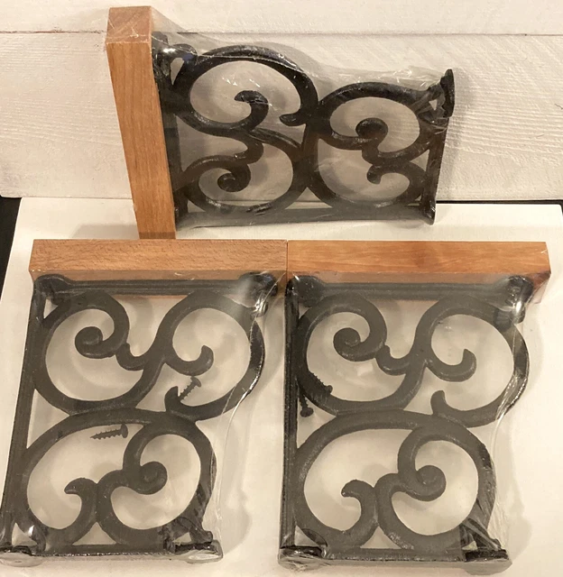 NIP Set Of 3 Shelf Brackets Wood And Metal Black Cast Iron Scrollwork W Wood Top