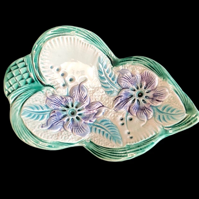 Handmade Pottery Trinket Dish Tropical Flower Design Footed Bottom SIGNED