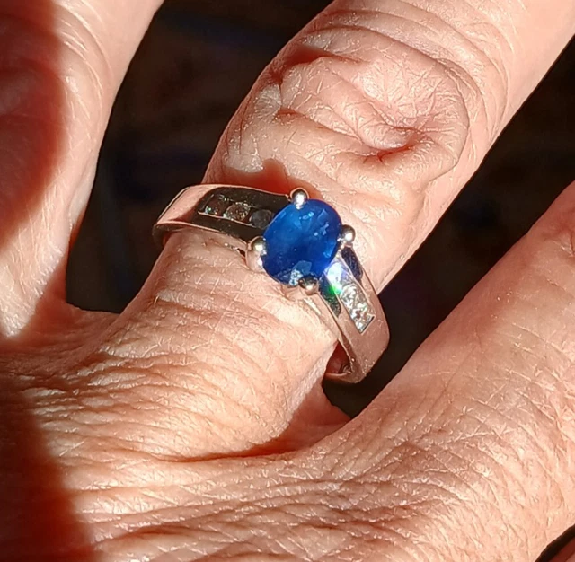 Bague Marquise En Or Gris 18k Avec Saphir Ovale Bleu Et Diamants - Taille 59, Occasion, Référence MP2533
