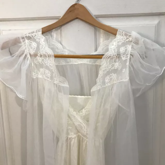 WHITE CHIFFON ROBE nylon negligee set lace trim peignoir bridal boudoir ...