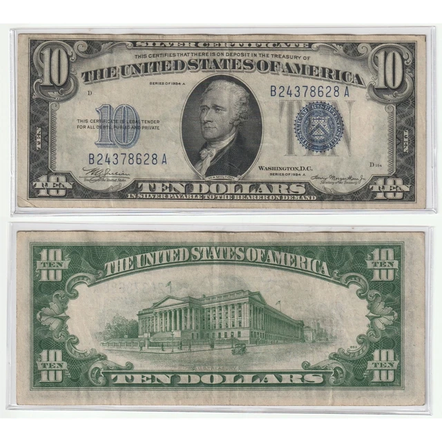 Rare 1934 $10 Ten Dollar United States Silver Certificate Blue Seal Bill