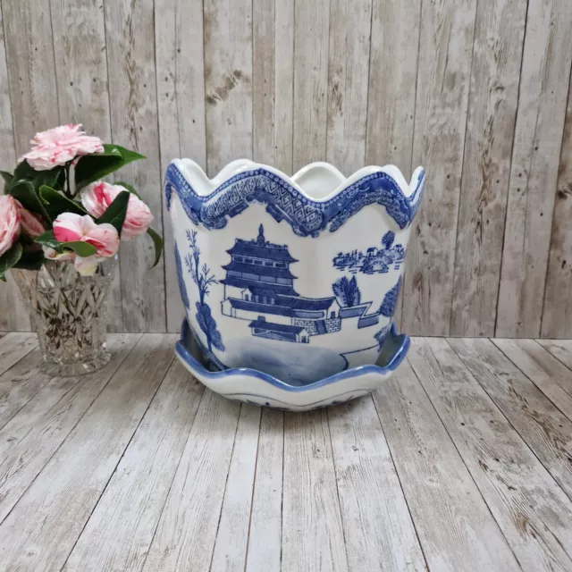 Vintage Chinese Blue and White Jardiniere Bonsai Planter Indoor Plant Pot 24cm