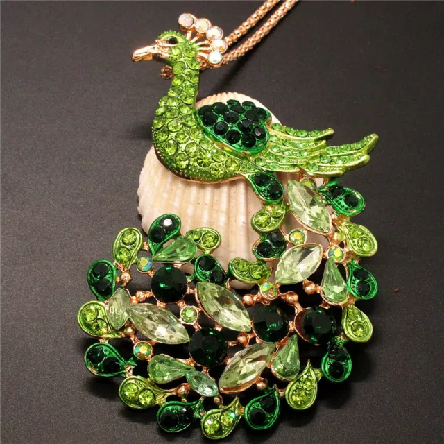 New Betsey Johnson  Green Crystal Peacock Bling Animal Necklace Sweater Chain