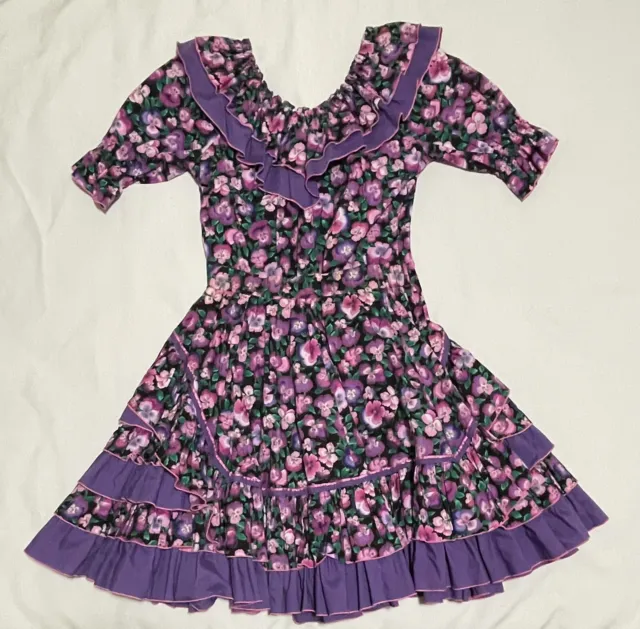 Vtg Rhythm Creations Purple Floral Pansy Print Square Dance Skirt Shirt Set