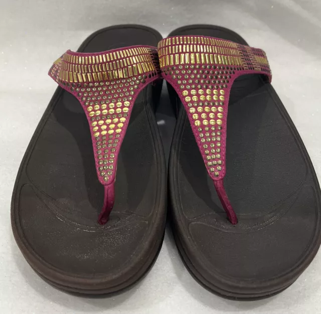 Fitflop Aztek Chada Pink Gold Leather Thong Flip Flop Women's 8