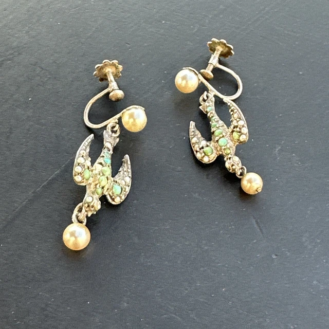 Ancienne Paire De Boucle D’oreille Pendante Argent Massif Hirondelle Art Nouveau