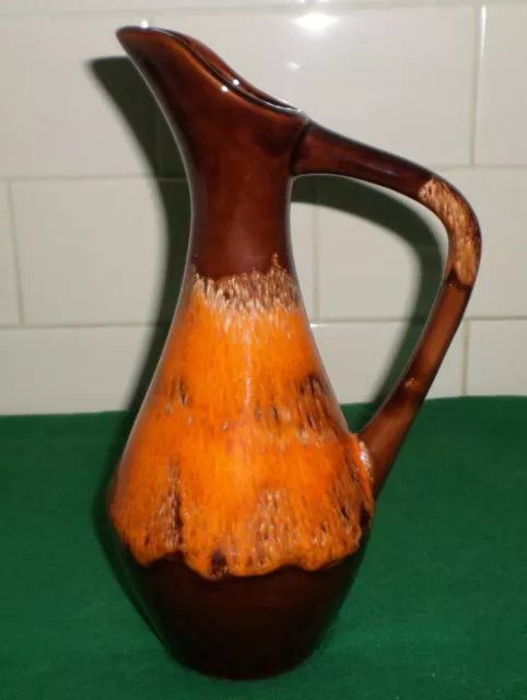 VINTAGE GLAZED JUG~1970s~ORANGE & BROWN~VERY RETRO~26 cm tall~NO MAKERS NAME