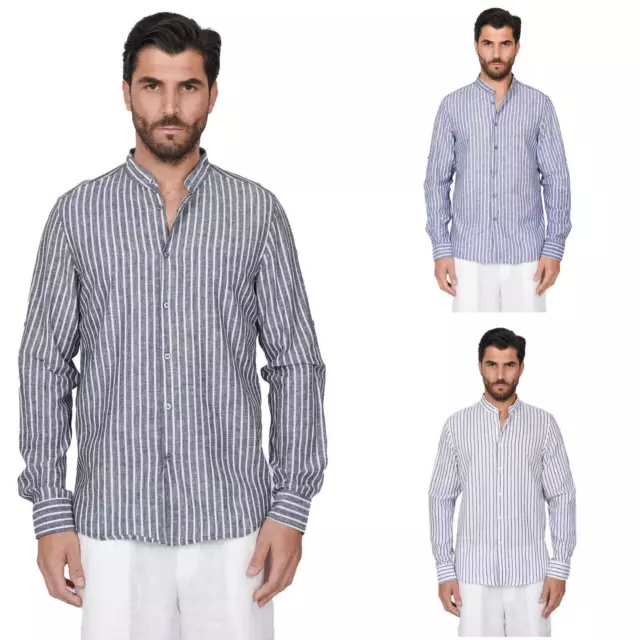 Camicia di Lino Uomo Coreana Manica Lunga Slim fit a Righe Elegante Leggera